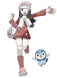 Rule 34 | 00s, 1girl, alternate costume, bad id, bad pixiv id, bag, beanie, blue eyes, blue hair, boots, creatures (company), dawn (pokemon), game freak, gen 4 pokemon, hat, long hair, mose0, nintendo, one eye closed, open mouth, pink footwear, piplup, pokemon, pokemon (creature), pokemon dppt, scarf, skirt, smile, thighhighs, white scarf, wink, winter clothes