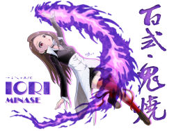 Rule 34 | brown hair, character name, choker, cosplay, dress shirt, earrings, fire, h mos, idolmaster, idolmaster (classic), jewelry, long hair, minase iori, name connection, purple fire, pyrokinesis, red eyes, red thighhighs, shirt, solo, the king of fighters, thighhighs, yagami iori, yagami iori (cosplay), zettai ryouiki