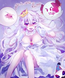Rule 34 | 1girl, blush, boo (mario), bow (paper mario), breasts, brooch, character name, cleavage, colored tongue, crown, doopliss, dress, earrings, ghost, gloves, hair between eyes, jewelry, knees together feet apart, large breasts, long hair, luigi&#039;s mansion, mario (series), new super mario bros. u deluxe, nintendo, nose blush, otouyu, paper mario, paper mario: the thousand year door, paper mario 64, pointy ears, princess king boo, puffy short sleeves, puffy sleeves, purple tongue, red eyes, sharp teeth, short sleeves, solo, super crown, teeth, tongue, tongue out, uneven eyes, very long hair, white dress, white gloves, white hair