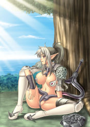 Rule 34 | 1girl, armor, bikini armor, breasts, buckler, echidna (queen&#039;s blade), elf, female focus, full body, kakitsubata tsukune, nature, outdoors, partially visible vulva, pointy ears, queen&#039;s blade, red eyes, shield, silver hair, sitting, sky, snake, solo, spread legs, sword, thighhighs, tree, uncensored, weapon