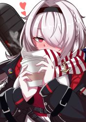 Rule 34 | 1girl, absurdres, anchor ornament, azur lane, black jacket, blush, coffee cup, colorado (azur lane), colorado (traveling melody) (azur lane), cup, disposable cup, guitar case, hair over one eye, heart, highres, holding, holding cup, instrument case, instrument on back, jacket, long hair, looking at viewer, official alternate costume, red eyes, scarf, scarf over mouth, siota1998, sweater, upper body, white hair, white scarf, white sweater