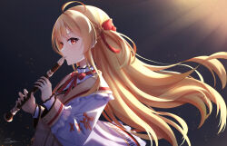 Rule 34 | 1girl, ahoge, blonde hair, brown jacket, collar, dress, flute, frilled collar, frills, hair ribbon, highres, holding flute, holding instrument, hololive, hololive dev is, jacket, long hair, looking at viewer, one side up, otonose kanade, playing flute, red eyes, red ribbon, ribbon, shiinochi, smile, solo, virtual youtuber, white collar, white dress