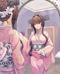 Rule 34 | 1girl, alternate costume, alternate hairstyle, blush, brown hair, full-length mirror, hair between eyes, headgear, highres, himeyamato, japanese clothes, kantai collection, kimono, long hair, long sleeves, looking at mirror, mirror, obi, open mouth, pink kimono, sash, solo, very long hair, wide sleeves, yamato (kancolle)