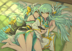 Rule 34 | 2girls, bow, breasts, dual persona, fate/grand order, fate (series), green hair, hair bow, horns, hug, hug from behind, japanese clothes, kiyohime (fate), kiyohime (swimsuit lancer) (first ascension) (fate), long hair, looking at viewer, multiple girls, no panties, pelvic curtain, pota (bluegutty), smile, yellow eyes