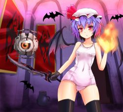 Rule 34 | 1girl, alternate costume, bad id, bad pixiv id, bare shoulders, bat (animal), black thighhighs, female focus, gloves, one-piece swimsuit, portal, portal (series), portal 1, portal 2, purple hair, red eyes, remilia scarlet, school swimsuit, short hair, slit pupils, solo, space core, sumapan, swimsuit, sword, the elder scrolls, the elder scrolls v: skyrim, thighhighs, touhou, valve, weapon, white school swimsuit, white one-piece swimsuit, wings