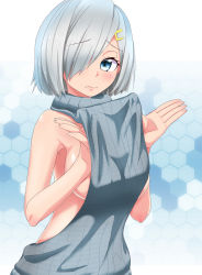 Rule 34 | 10s, 1girl, alternate costume, backless dress, backless outfit, bare shoulders, blue eyes, breasts, burusuta, closed mouth, collarbone, dress, fingernails, grey dress, hair ornament, hair over one eye, hairclip, halterneck, hamakaze (kancolle), highres, kantai collection, large breasts, long fingernails, meme attire, naked sweater, no bra, ribbed sweater, shiny skin, short hair, sideboob, silver hair, solo, sweater, sweater dress, turtleneck, turtleneck sweater, upper body, virgin killer sweater, wavy mouth