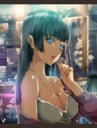 Rule 34 | 1girl, bad id, bad pixiv id, bare shoulders, blue eyes, breasts, cleavage, collarbone, dress, letterboxed, lips, long hair, makeup, medium breasts, mole, nail polish, no bra, off shoulder, original, solo, strapless, strapless dress, viola (seed)