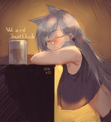 Rule 34 | 1girl, animal ears, blush, breasts, closed eyes, copyright request, drink, drunk, eyeshadow, from side, girls&#039; frontline, grey hair, highres, ksvk (girls&#039; frontline), large breasts, long hair, makeup, no bra, nose blush, pandea work, parted lips, see-through silhouette, sleeping, solo, swept bangs, tank top