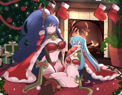 Rule 34 | 2girls, alternate costume, antlers, bell, black gloves, blue hair, blurry, blurry background, blush, boots, bow, box, braid, breasts, bridal gauntlets, cape, chimney, christmas, christmas lights, christmas ornaments, christmas tree, cleavage, cosplay, covering own mouth, eirika (fire emblem), embarrassed, fake antlers, fire emblem, fire emblem: the sacred stones, fire emblem awakening, fire emblem heroes, firewood, fur trim, gift, gift box, gloves, highres, horns, indoors, juneplums, knee boots, large breasts, long hair, looking at viewer, medium breasts, merry christmas, midriff, multiple girls, navel, nintendo, red cape, reindeer antlers, revealing clothes, santa costume, side braids, tana (fire emblem), tharja (fire emblem), tharja (fire emblem) (cosplay), tharja (winter) (fire emblem), thighhighs, twin braids, very long hair