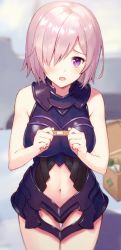 Rule 34 | 1girl, 3:, armor, armored dress, bandaid, black leotard, blush, breasts, clothing cutout, cowboy shot, fate/grand order, fate (series), first aid kit, hair over one eye, hands up, haru (hiyori-kohal), holding, indoors, large breasts, leotard, looking at viewer, mash kyrielight, navel, navel cutout, open mouth, pink hair, purple eyes, short hair, solo, standing, thighs