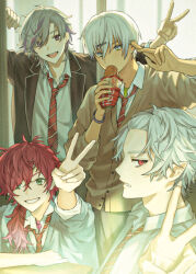 4boys :d bangs_pinned_back black_jacket black_pants blue_eyes blurry blurry_background bracelet brown_cardigan cardigan collared_shirt crossed_bangs dark-skinned_male dark_skin desk diagonal-striped_clothes diagonal-striped_necktie eating food forehead frown fuwa_minato green_eyes green_shirt grey_cardigan grey_hair grin hair_between_eyes hair_over_one_eye hair_over_shoulder hand_up hands_up hashtag-only_commentary highres holding holding_food hot_dog ibrahim_(nijisanji) indoors jacket jewelry kuzuha_(nijisanji) lapels lauren_iroas long_hair looking_at_viewer male_focus mole mole_under_eye multicolored_eyes multicolored_hair multiple_boys necktie nijisanji open_clothes open_jacket open_mouth outstretched_arm pants parted_bangs parted_lips pink_hair pink_shirt pointy_ears profile purple_eyes purple_hair red_eyes red_hair red_necktie school_desk school_uniform shirt short_hair sideways_glance sleeves_rolled_up smile standing streaked_hair striped_clothes striped_necktie teeth undershirt upper_body upper_teeth_only v virtual_youtuber white_hair white_shirt wing_collar zmzm_hiji