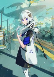 Rule 34 | 1girl, blue eyes, blue sky, blunt bangs, bottle, cevio, cloud, cloudy sky, feet out of frame, fish, highres, holding, holding bottle, hood, hood down, kafu (cevio), looking at viewer, mountain, parted lips, power lines, sako (35s 00), shadow, short hair with long locks, sky, solo, surreal, tactile paving, whale