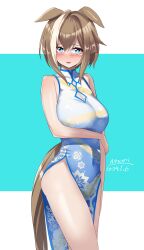 Rule 34 | a.nori, absurdres, animal ears, artist name, blue background, blush, breasts, brown hair, cheval grand (umamusume), china dress, chinese clothes, cleavage, cleavage cutout, clothing cutout, commentary request, dated, dress, embarrassed, groin, highres, horse ears, medium breasts, medium hair, no panties, nose blush, open mouth, simple background, sleeveless, thighs, umamusume