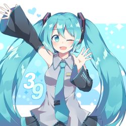 Rule 34 | 1girl, 39, ;d, arm up, bare shoulders, black skirt, black sleeves, blue background, blue eyes, blue hair, blue necktie, breasts, collared shirt, detached sleeves, grey shirt, hair between eyes, hatsune miku, highres, kaoling, long hair, necktie, one eye closed, open mouth, outstretched arm, pleated skirt, shirt, skirt, sleeves past wrists, small breasts, smile, solo, sparkle background, tie clip, twintails, two-tone background, very long hair, vocaloid, white background, wide sleeves