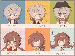 Rule 34 | 1boy, 1girl, blush, brown hair, chibi, closed eyes, closed mouth, collar x malice, commentary request, emoticon, expressionless, facing viewer, green eyes, grey hair, highres, hoshino ichika (collar x malice), long hair, looking at viewer, okazaki kei, one eye closed, open mouth, purple eyes, short hair, w047, white hair