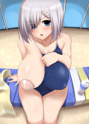 Rule 34 | 1girl, :o, alternate costume, bare arms, bare legs, bare shoulders, blue eyes, blush, bottle, breasts, collarbone, commentary request, competition school swimsuit, eyes visible through hair, hair ornament, hair over one eye, hairclip, hamakaze (kancolle), highres, huge breasts, indoors, kantai collection, locker, locker room, looking at viewer, one-piece swimsuit, one breast out, open mouth, pasties, puffy nipples, school swimsuit, short hair, silver hair, sitting, solo, swimsuit, towel, v-shaped eyebrows, yoshi tama