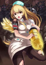 Rule 34 | 1girl, :o, absurdres, black pantyhose, blonde hair, breasts, brown eyes, buttons, cross, crossed arms, glowing, glowing eyes, halo, hat, highres, holding, horns, large syringe, leg up, liquid, long hair, nurse, nurse cap, open mouth, original, oversized object, pantyhose, rod, shoes, solo, sora-bozu, syringe, torn clothes, torn pantyhose, torn sleeves, wings