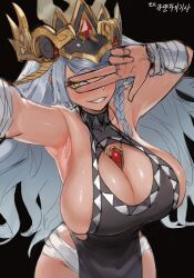 Rule 34 | 1girl, armpits, bandaged arm, bandages, black dress, braid, breasts, cleavage, dress, grey hair, headgear, highres, huge breasts, jewelry, kahill, korean text, long hair, looking at viewer, necklace, original, pelvic curtain, selfie, side braid, simple background, sleeveless, sleeveless dress, solo, v, v over eye, very long hair, yellow eyes