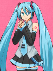 Rule 34 | 1girl, absurdly long hair, black footwear, black sleeves, black thighhighs, blue eyes, blue hair, blue nails, boots, closed mouth, collared shirt, cowboy shot, detached sleeves, dress shirt, floating hair, grey shirt, hair between eyes, hatsune miku, headphones, headset, koroni (nkrgs), long hair, long sleeves, looking at viewer, microphone, nail polish, pink background, shirt, sleeveless, sleeveless shirt, smile, solo, standing, thigh boots, thighhighs, twintails, very long hair, vocaloid, wing collar, zettai ryouiki