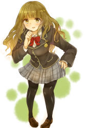 Rule 34 | 1girl, bad id, bad pixiv id, black jacket, black pantyhose, blazer, blush, bow, bowtie, breasts, brown footwear, character request, collared shirt, commentary request, full body, grey skirt, hand on own hip, highres, jacket, koretsuna, leaning forward, light brown hair, loafers, long hair, long sleeves, looking at viewer, medium breasts, pantyhose, plaid, plaid skirt, red bow, red bowtie, school girl strikers, school uniform, shiny clothes, shiny legwear, shirt, shoes, skirt, solo, standing, white shirt, wing collar, yellow eyes