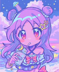 Rule 34 | 1girl, arm at side, bikini, blush, bow, bow bikini, bracelet, chromatic aberration, cloud, cloudy sky, crescent, criss-cross halter, cup, dot nose, double bun, drinking, drinking straw, drinking straw in mouth, frilled bikini, frills, gold bracelet, hair bun, hair ornament, halterneck, highres, holding, holding cup, jewelry, looking at viewer, magia record: mahou shoujo madoka magica gaiden, mahou shoujo madoka magica, medium hair, misono karin, misono karin (swimsuit costume), multicolored bikini, multicolored clothes, ocean, off-shoulder bikini, off shoulder, outdoors, parted bangs, pastel colors, purple eyes, purple hair, red bow, sky, slushie, solo, sparkle, sparkle print, star (sky), star (symbol), star bracelet, star hair ornament, star print, swimsuit, takenoko mgrc, twitter username, ufo, upper body, water