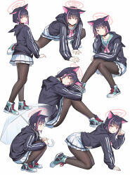 Rule 34 | 1girl, all fours, animal ears, aqua footwear, arm at side, black choker, black hair, black jacket, blue archive, blush, cat ears, choker, closed mouth, colored inner hair, commentary, cross-laced footwear, drawstring, from behind, from side, full body, hair ornament, hairclip, halo, hand on lap, hand on own cheek, hand on own face, hand up, hands up, head on arm, head rest, head tilt, heel up, highres, holding, holding umbrella, hood, hood down, hooded jacket, hugging own legs, invisible chair, jacket, kazusa (blue archive), knees together feet apart, knees up, leaning forward, legs apart, long sleeves, looking at viewer, looking away, looking back, looking to the side, miniskirt, multicolored hair, multiple views, neckerchief, parted lips, paw pose, pendant choker, pink eyes, pink hair, pink neckerchief, pleated skirt, school uniform, shoes, short hair, simple background, sitting, skirt, smile, sneakers, squatting, standing, streaked hair, two-tone hair, umbrella, white background, white skirt, ziko
