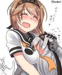 Rule 34 | 2girls, ^ ^, absurdres, between breasts, black headband, black sailor collar, breasts, brown hair, closed eyes, clothes writing, gloves, hachimaki, head between breasts, headband, heart, highres, kantai collection, kiritto, long hair, multicolored clothes, multicolored gloves, multiple girls, one side up, open mouth, sailor collar, school uniform, serafuku, short sleeves, silver hair, simple background, smile, suzutsuki (kancolle), tears, teruzuki (kancolle), translation request, twitter username, white background