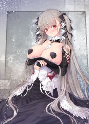 Rule 34 | 1girl, arms under breasts, azur lane, bare shoulders, between breasts, black bow, black dress, black nails, blunt bangs, blush, bow, breasts, breasts out, cleavage, closed mouth, clothing cutout, commentary request, covered erect nipples, detached collar, dress, feather trim, formidable (azur lane), frilled dress, frills, grey background, hair bow, head tilt, heart pasties, kirishima satoshi, large breasts, long hair, long sleeves, looking at viewer, nail polish, own hands together, pasties, red eyes, shoulder cutout, silver hair, smile, solo, twintails, very long hair
