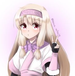 Rule 34 | 1girl, black gloves, blonde hair, closed mouth, commentary, dated, fate/grand order, fate (series), fingerless gloves, gloves, headband, highres, klaius, long hair, looking at viewer, pink background, pink sash, red eyes, sash, sitonai (fate), solo, twitter username, upper body, v