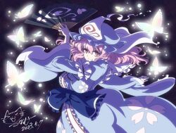 Rule 34 | 1girl, blue dress, blue hat, blue kimono, breasts, bug, butterfly, dated, dress, frilled kimono, frills, hand fan, hand up, hat, holding, holding fan, insect, japanese clothes, kimono, large breasts, lunamoon, mob cap, pink hair, red eyes, saigyouji yuyuko, signature, smile, solo, touhou, triangular headpiece, wavy hair, wide sleeves