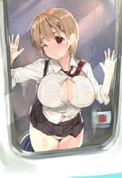 Rule 34 | 1girl, against glass, bad id, bad pixiv id, bag, black panties, black skirt, blue bag, blush, breast press, breasts, breasts on glass, brown eyes, brown hair, carrying bag, cheek squash, closed mouth, clothes lift, collared shirt, commentary request, dress shirt, hair ornament, hairclip, hands up, large breasts, miniskirt, necktie, neckwear lift, nose blush, one eye closed, original, panties, pleated skirt, red necktie, school bag, school uniform, shirt, shirt tucked in, short hair, sketch, skirt, skirt lift, solo, standing, tareme, thong, underwear, wing collar