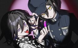 Rule 34 | 2boys, :p, adjusting clothes, adjusting headwear, censored, censored gesture, danganronpa (series), danganronpa v3: killing harmony, hand up, jacket, looking at viewer, male focus, middle finger, minuonuonuo, multiple boys, oma kokichi, saihara shuichi, spotlight, tongue, tongue out, uneven eyes