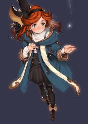 Rule 34 | 10s, 1girl, adapted costume, aya shachou, black pantyhose, blue eyes, blush, boots, breath, coat, dress, granblue fantasy, hairband, hand on own chest, highres, long hair, long sleeves, open mouth, orange hair, pantyhose, sara (granblue fantasy), solo, turtleneck