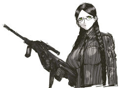 Rule 34 | 1girl, assault rifle, braid, breasts, brown hair, bullpup, cigarette, extended barrel, female focus, glasses, glasses girl (nameo), green eyes, gun, hair over shoulder, holding, holding gun, holding weapon, large breasts, long hair, monochrome, nameo (judgemasterkou), original, parted bangs, rifle, shirt, simple background, solo, steyr aug, striped, trigger discipline, twin braids, vertical stripes, weapon