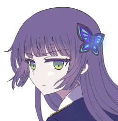 Rule 34 | 1girl, :|, assault lily, blue jacket, blunt bangs, butterfly hair ornament, closed mouth, commentary request, epaulettes, from behind, funada kiito, green eyes, hair ornament, hikawa shuita, jacket, long hair, looking at viewer, looking back, portrait, purple hair, simple background, solo, v-shaped eyebrows, white background