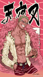 Rule 34 | 1boy, abs, artist name, blonde hair, caine666, clenched teeth, coat, donquixote doflamingo, earrings, evil smile, feather coat, hand in pocket, jewelry, long sleeves, looking at viewer, male focus, one piece, open clothes, open shirt, red-tinted eyewear, shirt, short hair, smile, solo, sunglasses, teeth, third-party source, tinted eyewear, translation request, weibo logo, weibo watermark