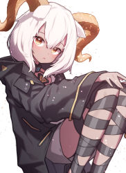 1girl, :o, absurdres, arknights, bangs, beeswax (arknights), beudelb, black coat, black ribbon, blush, coat, collar, dark-skinned female, dark skin, dress, eyebrows behind hair, feet out of frame, goat girl, goat horns, hand on own knee, highres, holding, horns, infection monitor (arknights), leg ribbon, long sleeves, looking at viewer, open clothes, open coat, parted lips, ribbon, silver hair, simple background, solo, squatting, white background, white dress, yellow eyes