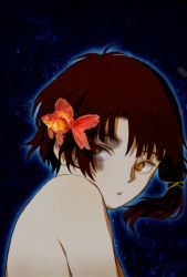 Rule 34 | 1girl, brown eyes, brown hair, commentary request, fish, from side, hair ornament, hairclip, iwakura lain, jippu (45fun), looking at viewer, portrait, serial experiments lain, short hair, simple background, solo, topless, topless male