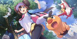 Rule 34 | 1girl, :d, absurdres, bag, black pantyhose, blush, breasts, brown hair, cloud, commentary request, creatures (company), day, game freak, gen 1 pokemon, gen 3 pokemon, gen 5 pokemon, handbag, highres, latias, legendary pokemon, long hair, looking down, nintendo, open mouth, outdoors, pansage, pantyhose, pidove, pikachu, pokemon, pokemon (creature), pokemon bw2, rosa (pokemon), shirt, shorts, sky, smile, snorlax, teeth, tenkuu nozora, tepig, tongue, tree, twintails, visor cap, white headwear, yellow shorts, zekrom