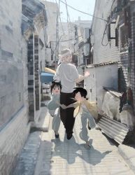 Rule 34 | 1girl, 2boys, ^ ^, aged down, alley, black footwear, black hair, black pants, child, closed eyes, collared shirt, day, drawstring, facial hair, fu (fma), fullmetal alchemist, grey hair, grin, hair bun, happy, holding hands, house, lan fan, ling yao, looking at another, looking back, low ponytail, multiple boys, mustache, open clothes, open mouth, open shirt, outdoors, outstretched arm, p0ckylo, pants, photo background, ponytail, running, shirt, shoe soles, shoes, short sleeves, single hair bun, smile, spiked hair, sweatdrop, unbuttoned, walking, white pants, white shirt, yellow shirt