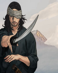 Rule 34 | 1boy, artist request, black hair, highres, long hair, male focus, miyamoto musashi (vagabond), samurai, vagabond, weapon