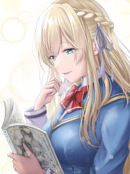 Rule 34 | 1girl, absurdres, blonde hair, blue jacket, book, bow, bowtie, braid, french braid, green eyes, hair between eyes, hair ribbon, hand up, heaven burns red, highres, holding, holding book, jacket, kepekki kanojo, long hair, long sleeves, open book, open mouth, reading, red bow, red bowtie, ribbon, school uniform, simple background, smile, solo, toujou tsukasa, upper body, white ribbon