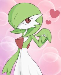 Rule 34 | 1girl, arm up, blush, creatures (company), diamond (gemstone), embarrassed, female focus, game freak, gardevoir, gen 3 pokemon, green hair, hair over one eye, heart, jewelry, kurozu (clarion), looking away, looking to the side, nintendo, pink background, pokemon, pokemon (creature), pokemon rse, red eyes, ring, short hair, simple background, smile, solo, sparkle, standing, wedding ring