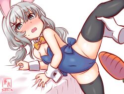 Rule 34 | 1girl, animal ears, artist logo, bed, black thighhighs, blanket, blue leotard, blush, bow, bowtie, carrot, covered navel, dated, detached collar, disembodied limb, fake animal ears, fake horns, grey eyes, grey hair, horned headwear, horns, i-201 (kancolle), indoors, kanon (kurogane knights), kantai collection, leotard, long hair, one-hour drawing challenge, open mouth, playboy bunny, rabbit ears, sexually suggestive, strapless, strapless leotard, sweatdrop, thighhighs, traditional bowtie, trembling, wrist cuffs