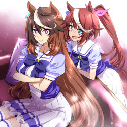Rule 34 | 2girls, :d, animal ears, blue eyes, breasts, brown hair, closed mouth, commentary request, crossed arms, hair between eyes, hair ribbon, horse ears, horse girl, large breasts, long hair, looking at viewer, multicolored hair, multiple girls, nakahira guy, open mouth, pink ribbon, ponytail, puffy short sleeves, puffy sleeves, purple eyes, ribbon, school uniform, short hair, short sleeves, sitting, skirt, smile, streaked hair, symboli rudolf (umamusume), tokai teio (umamusume), tracen school uniform, umamusume, white hair, white skirt