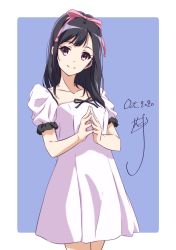 Rule 34 | 1girl, artist name, black hair, blue background, border, closed mouth, commentary, cowboy shot, dated, dress, fingers together, frilled sleeves, frills, hair ribbon, head tilt, highres, looking at viewer, medium hair, nii manabu, original, outside border, purple eyes, purple ribbon, ribbon, short dress, short sleeves, signature, smile, solo, standing, white border, white dress
