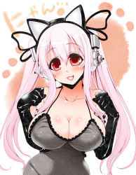 Rule 34 | 1girl, animal ear headphones, animal ears, black gloves, blush, breasts, cat ear headphones, cat ears, cleavage, elbow gloves, fake animal ears, fang, gloves, hairband, headphones, kouki kuu, large breasts, looking at viewer, nitroplus, open mouth, pink hair, red eyes, shiny skin, solo, super sonico, twintails