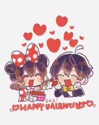 1boy 1girl 47music2 black_hair bow chibi closed_eyes closed_mouth disney dress happy happy_valentine heart highres humanization mickey_mouse minnie_mouse open_mouth personification polka_dot shirt short_hair smile valentine