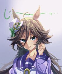 Rule 34 | 1girl, absurdres, ahoge, animal ears, aqua eyes, blush, bow, brown hair, buckwheat638478, closed mouth, commentary request, flipped hair, gradient background, hair ornament, hairclip, hat, highres, horse ears, horse girl, long hair, long sleeves, looking at viewer, mini hat, mini top hat, mr. c.b. (umamusume), purple shirt, sailor collar, shirt, simple background, smile, solo, tilted headwear, top hat, translation request, umamusume, upper body, white bow, white hat, winter uniform