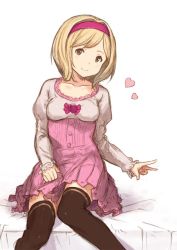 Rule 34 | 10s, 1girl, bad id, bad twitter id, black thighhighs, blonde hair, breasts, brown eyes, collarbone, djeeta (granblue fantasy), dress, fighter (granblue fantasy), granblue fantasy, hair intakes, hairband, hanarito, heart, jpeg artifacts, long sleeves, pink dress, puffy long sleeves, puffy sleeves, short hair, simple background, sitting, small breasts, smile, solo, thighhighs, v, white background, zettai ryouiki